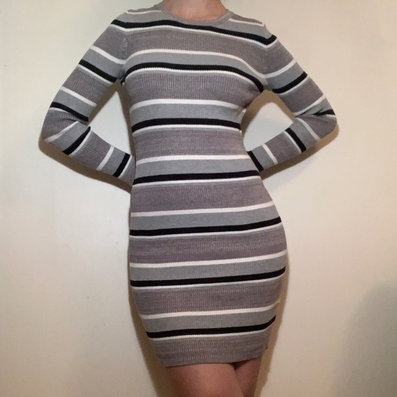 NWOT Long Sleeve Striped Bodycon Dress in Black, White & Grey- Size S - Picture 1 of 12